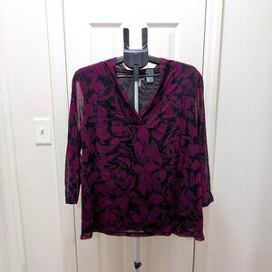 Croft and Barrow Dark Red and Black Floral Roses Blouse Top Plus 2X